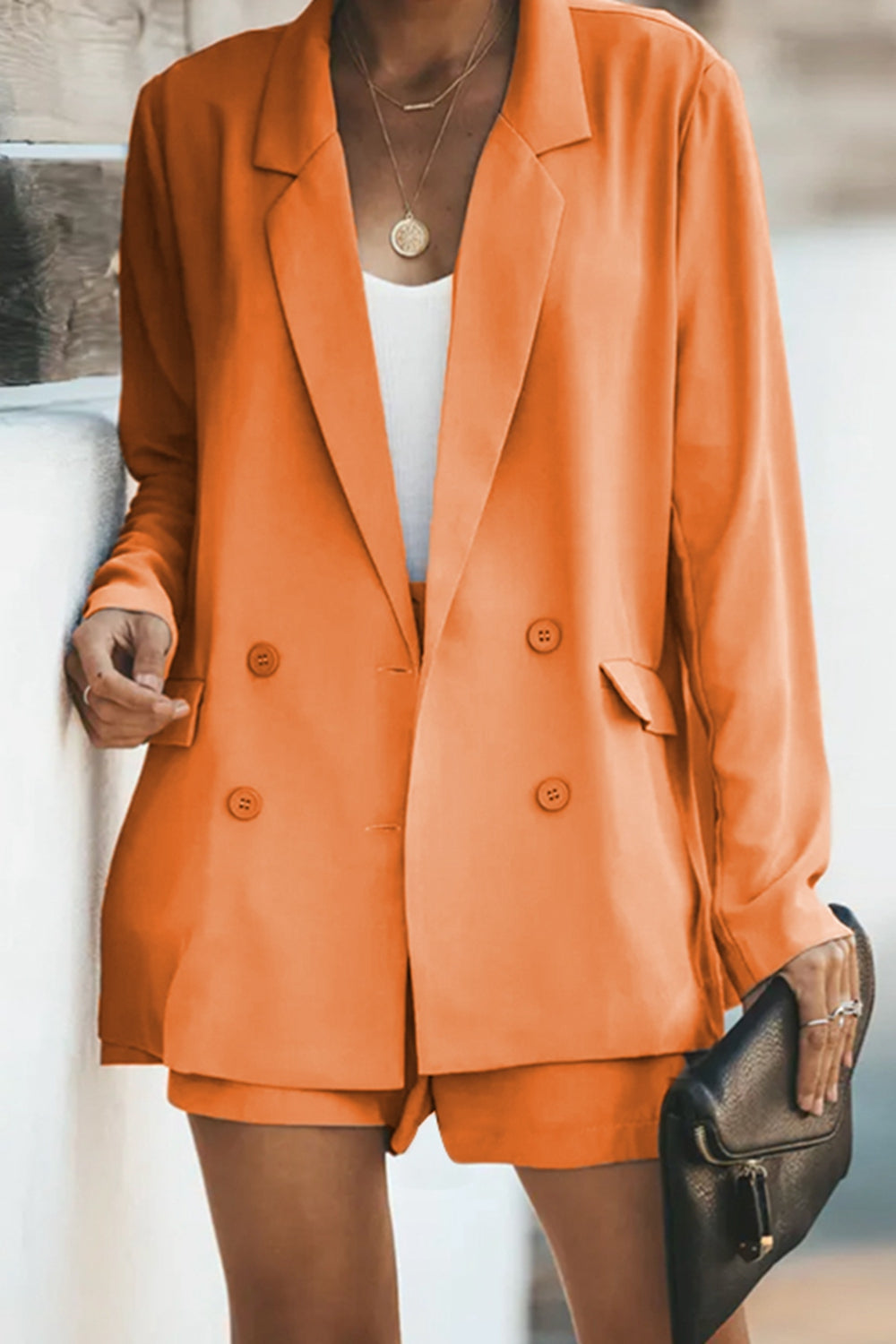 Longline Blazer and Shorts Set with Pockets - Whateversit