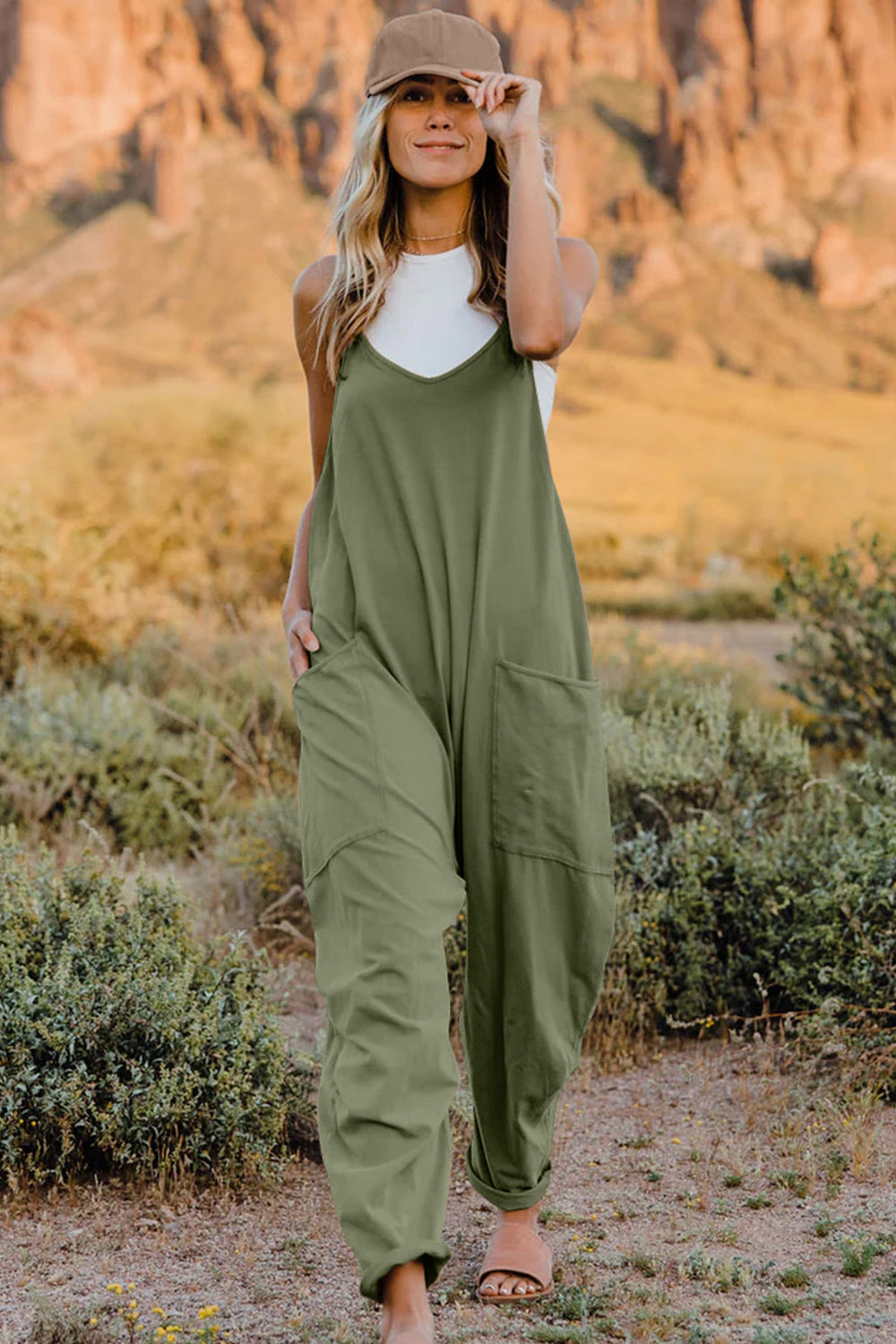 Double Take Full Size V-Neck Sleeveless Jumpsuit with Pockets - Whateversit
