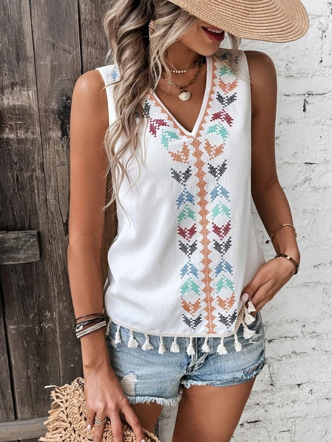 Tassel Printed V-Neck Tank - Whateversit