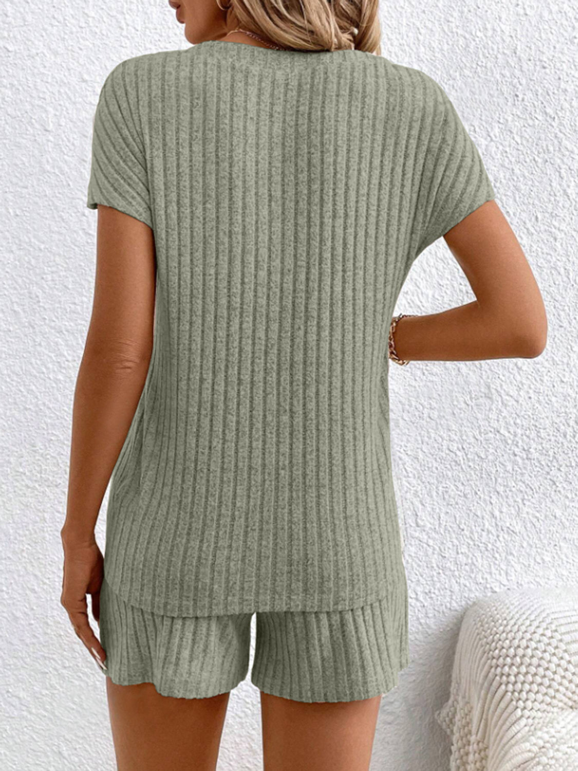 Ribbed V-Neck Top and Shorts Set - Whateversit
