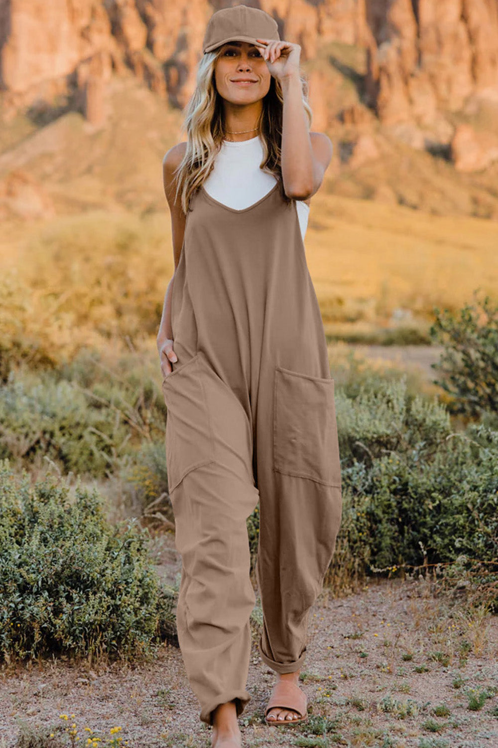 Double Take Full Size V-Neck Sleeveless Jumpsuit with Pockets - Whateversit