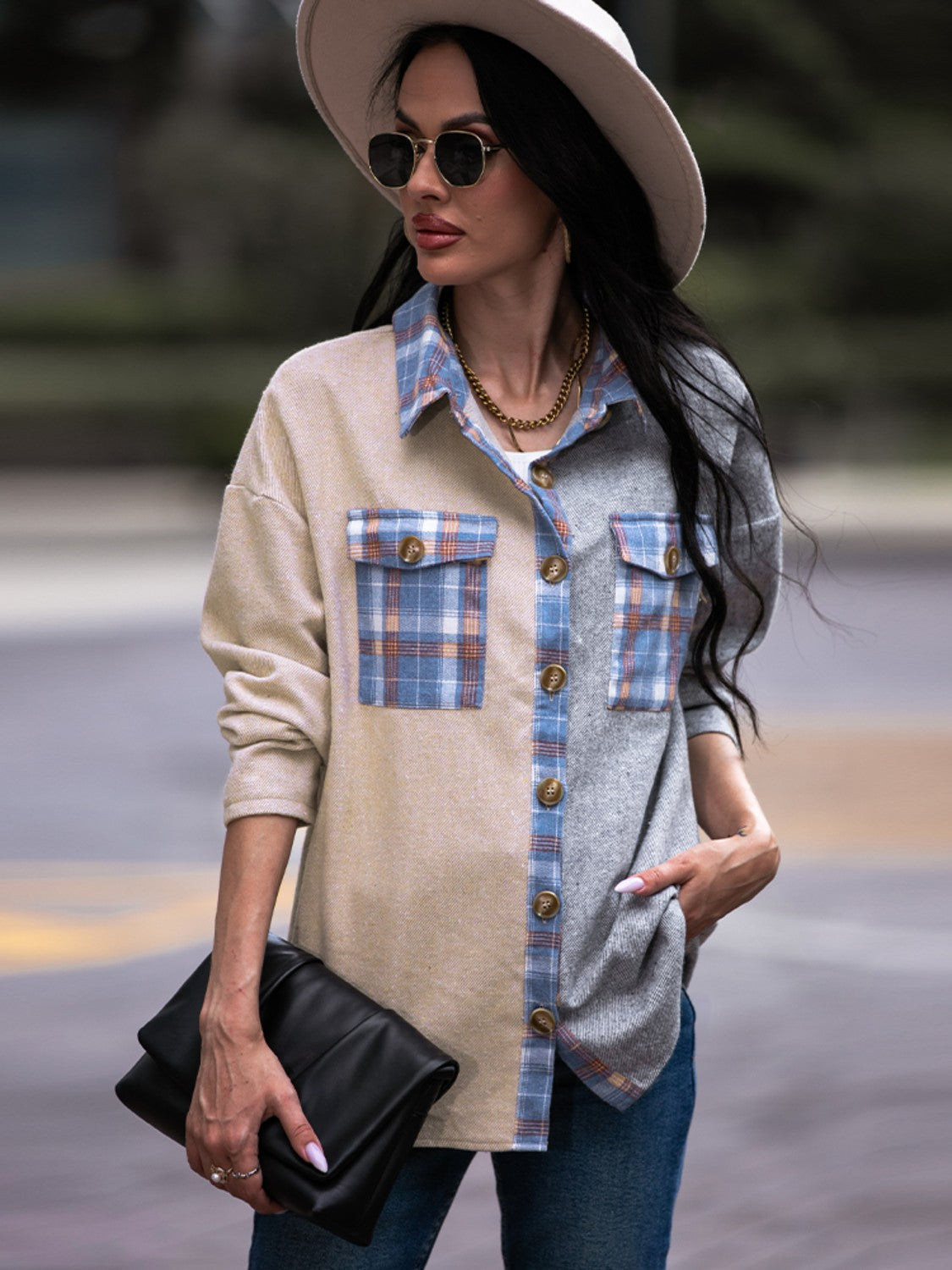 Plaid Contrast Drop Shoulder Shacket - Whateversit