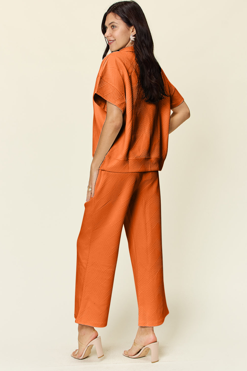 Double Take Full Size Texture Half Zip Short Sleeve Top and Pants Set - Whateversit