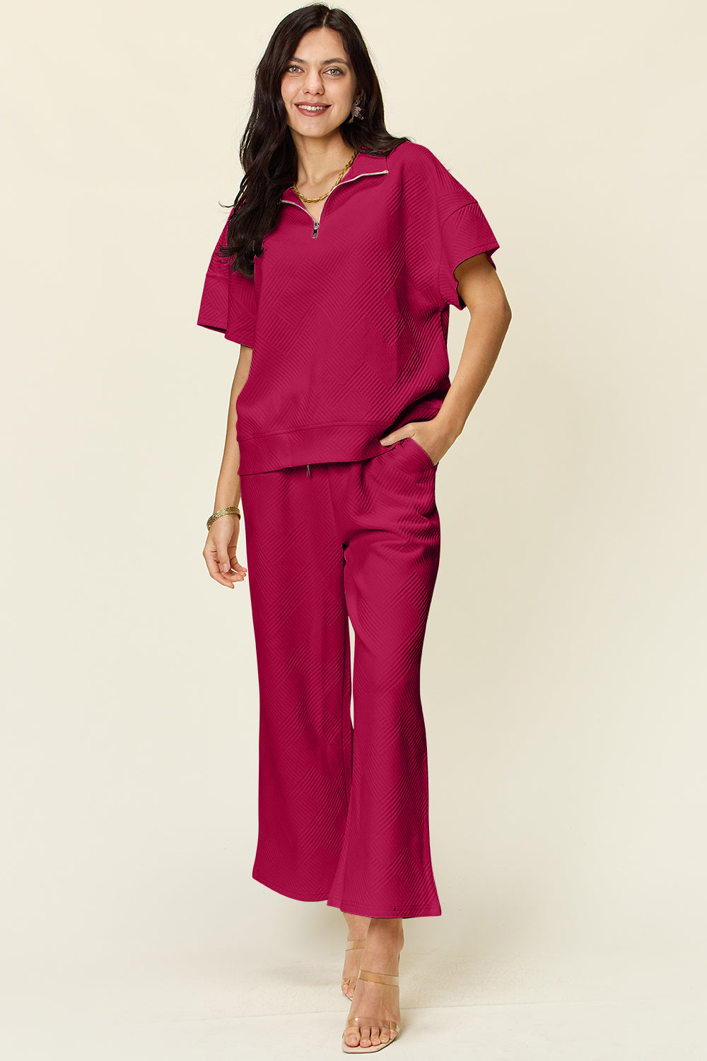 Double Take Full Size Texture Half Zip Short Sleeve Top and Pants Set - Whateversit