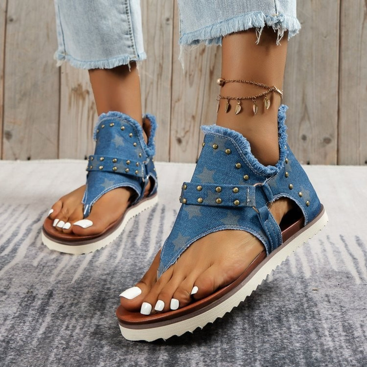 Studded Raw Hem Flat Sandals - Whateversit