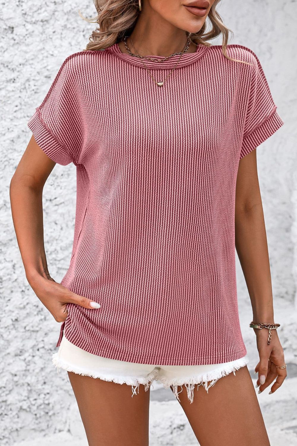 Striped Round Neck Short Sleeve T-Shirt - Whateversit