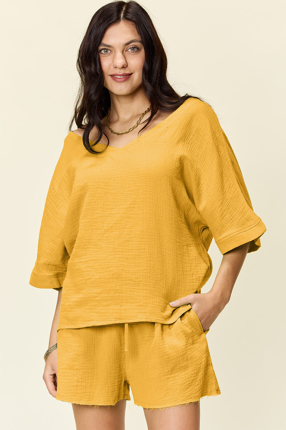 Double Take Texture Half Sleeve T-Shirt and Drawstring Shorts Set - Whateversit