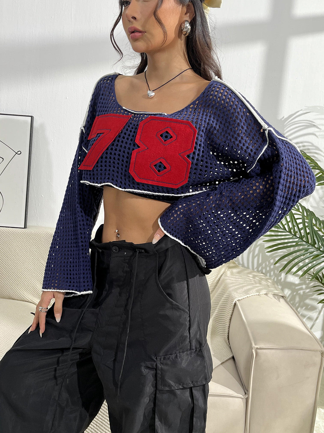 Contrast Patches Long Sleeve Cropped Knit Top - Whateversit