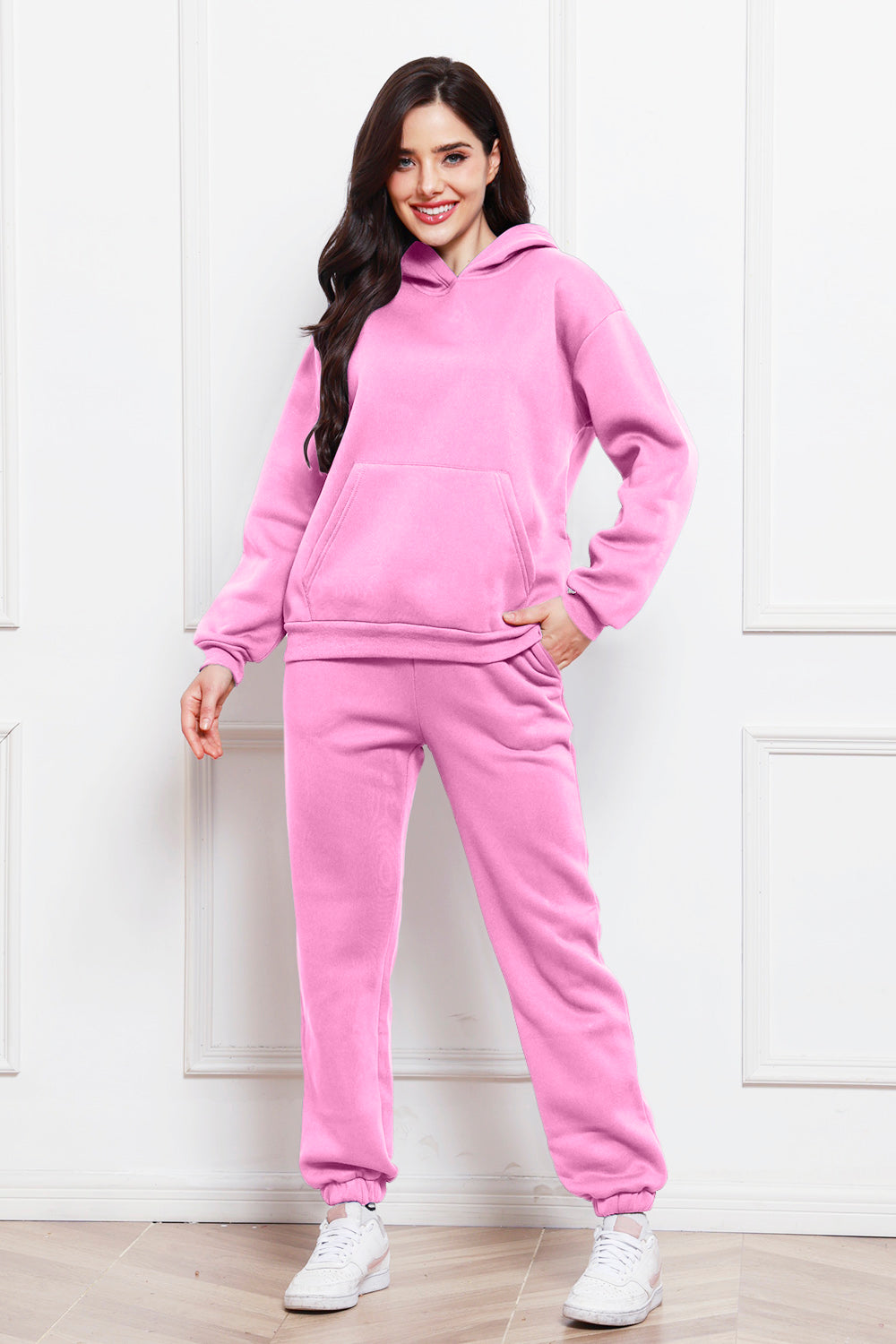 Drop Shoulder Long Sleeve Hoodie and Pants Set - Whateversit