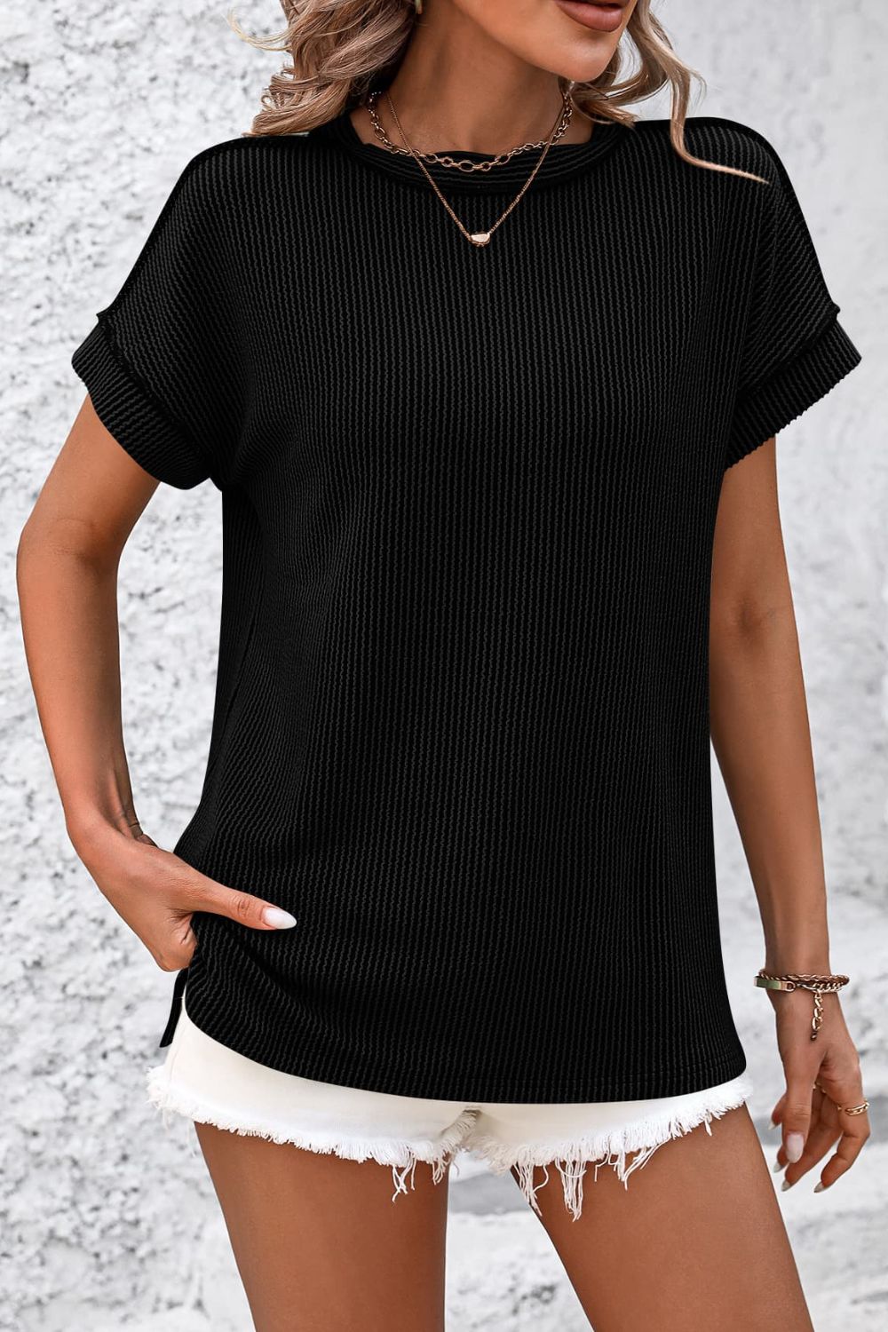 Striped Round Neck Short Sleeve T-Shirt - Whateversit