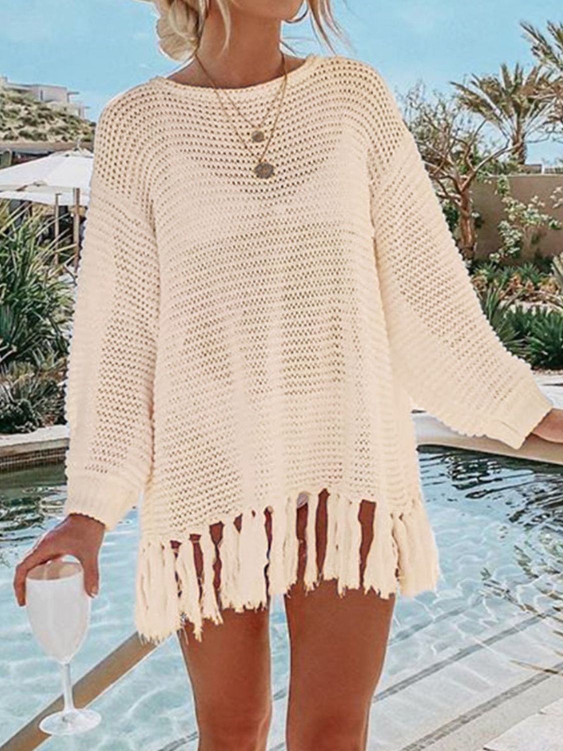 Double Take Openwork Tassel Hem Long Sleeve Knit Cover Up - Whateversit