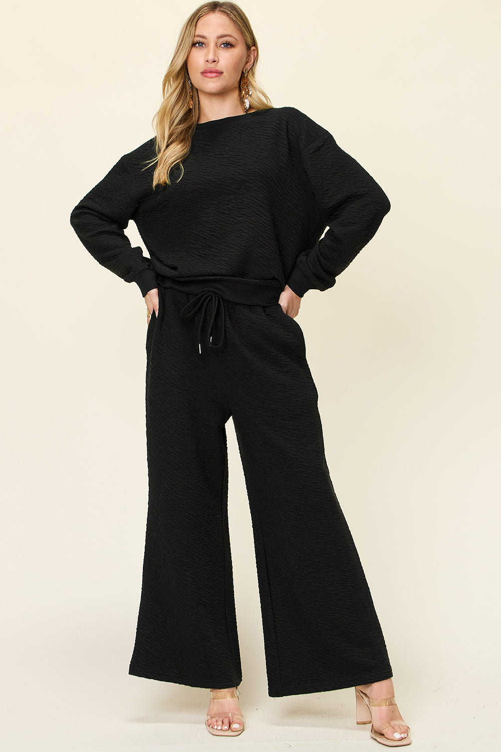Double Take Full Size Texture Long Sleeve Top and Pants Set - Whateversit