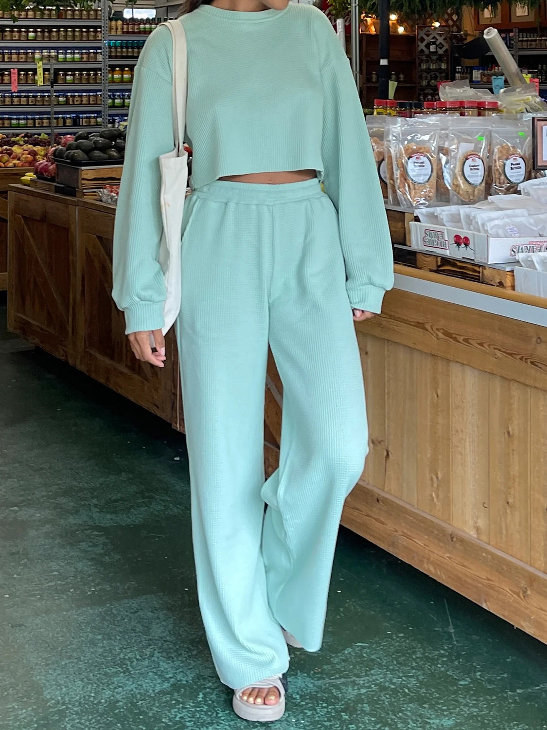 Waffle-Knit Round Neck Top and Pants Set - Whateversit