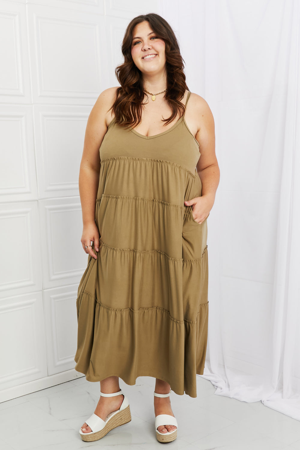 Zenana Full Size Spaghetti Strap Tiered Dress with Pockets in Khaki - Whateversit