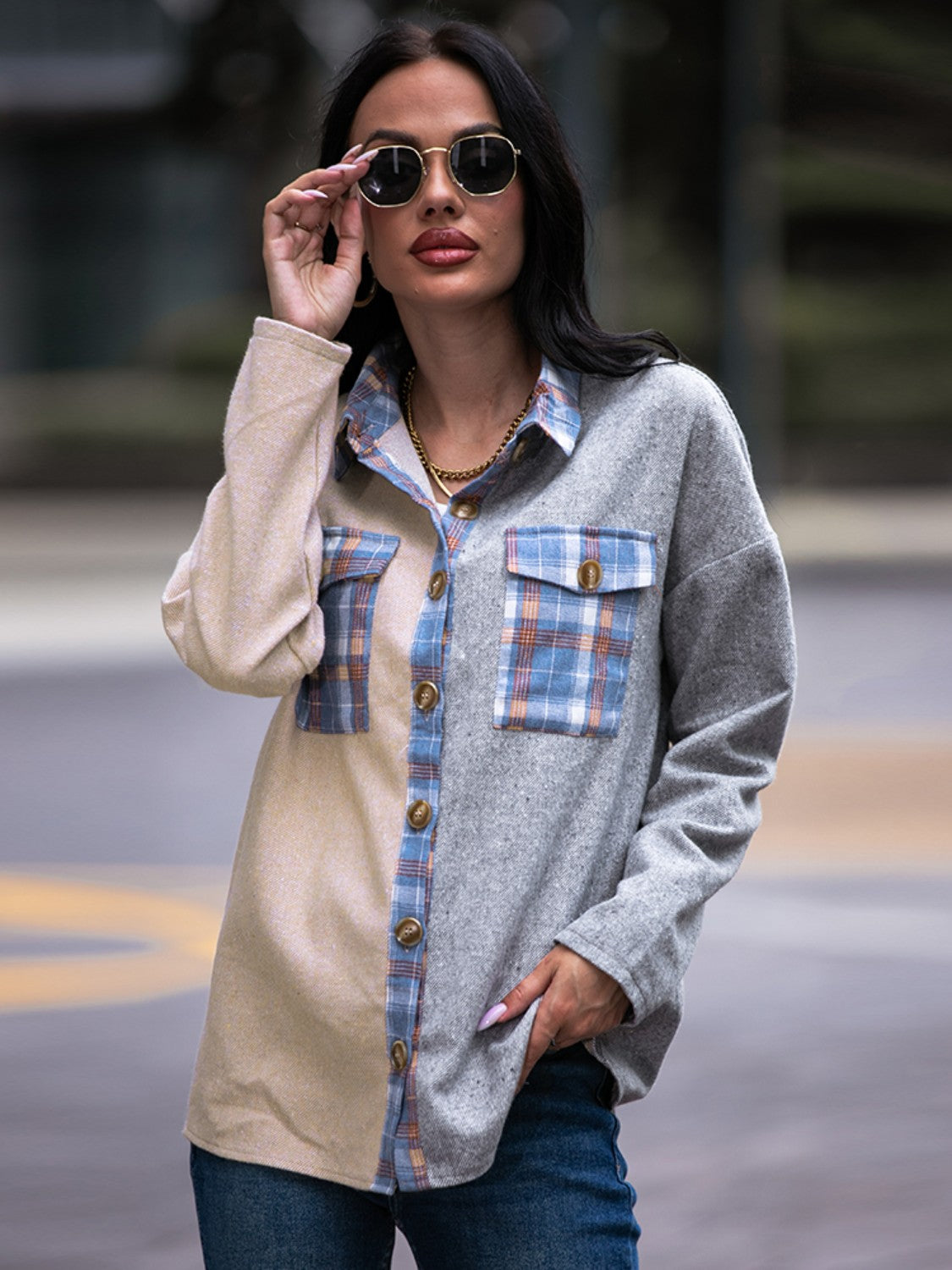 Plaid Contrast Drop Shoulder Shacket - Whateversit