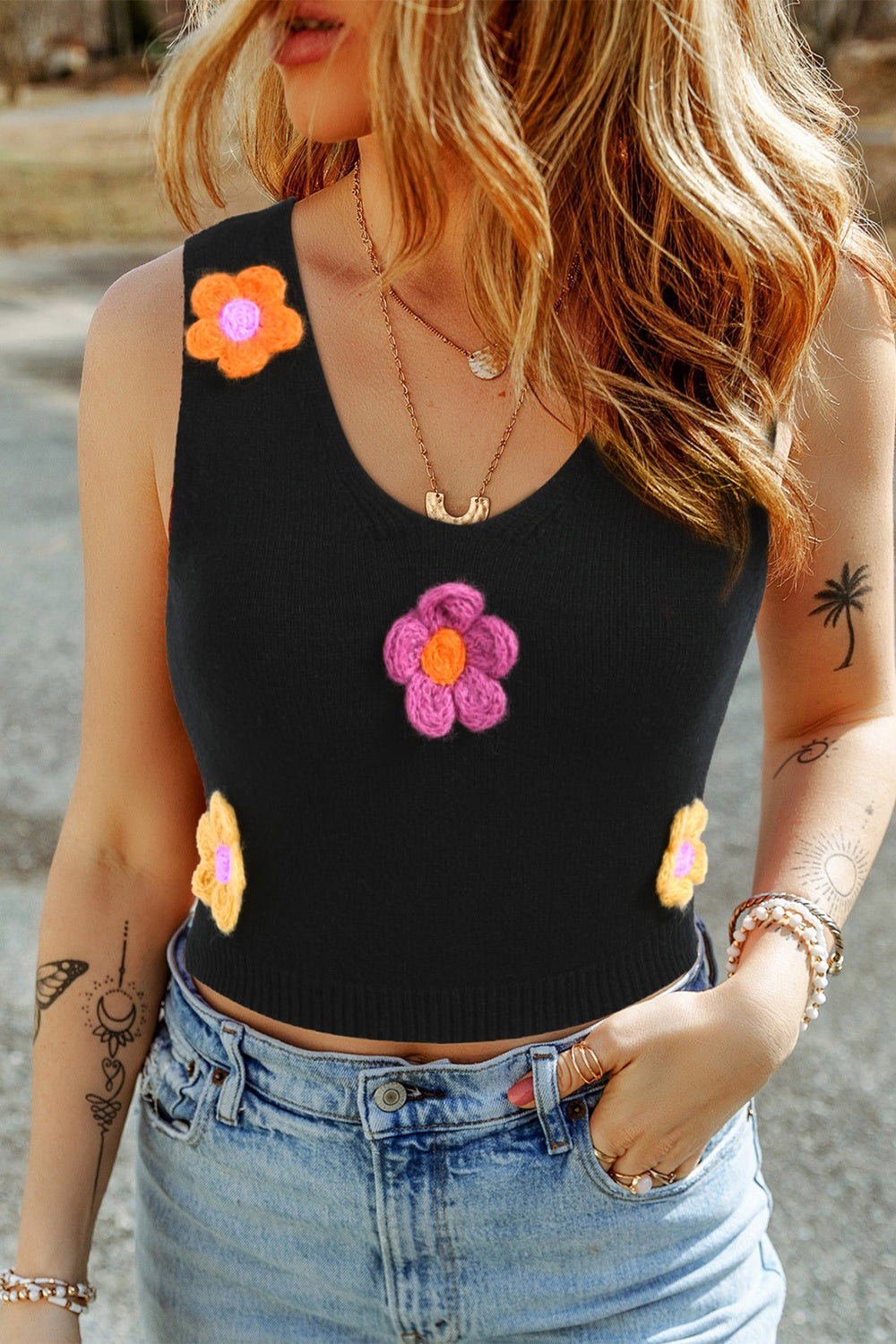 Flower Scoop Neck Knit Vest - Whateversit