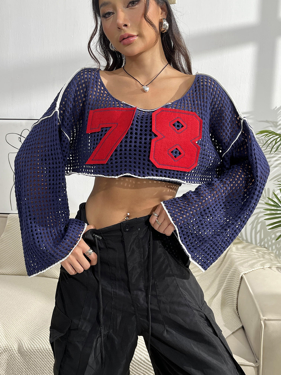Contrast Patches Long Sleeve Cropped Knit Top - Whateversit