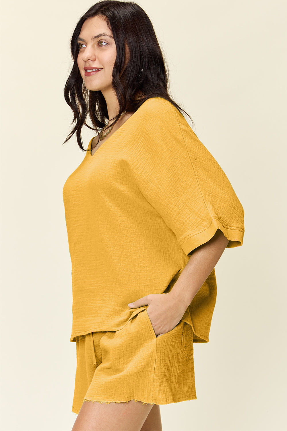 Double Take Texture Half Sleeve T-Shirt and Drawstring Shorts Set - Whateversit