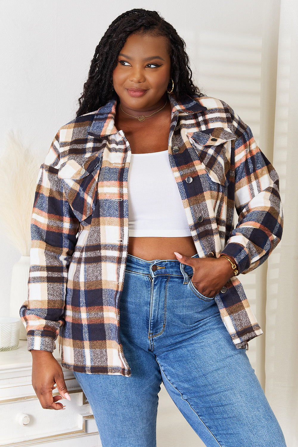 Double Take Plaid Button Front Shirt Jacket with Breast Pockets - Whateversit