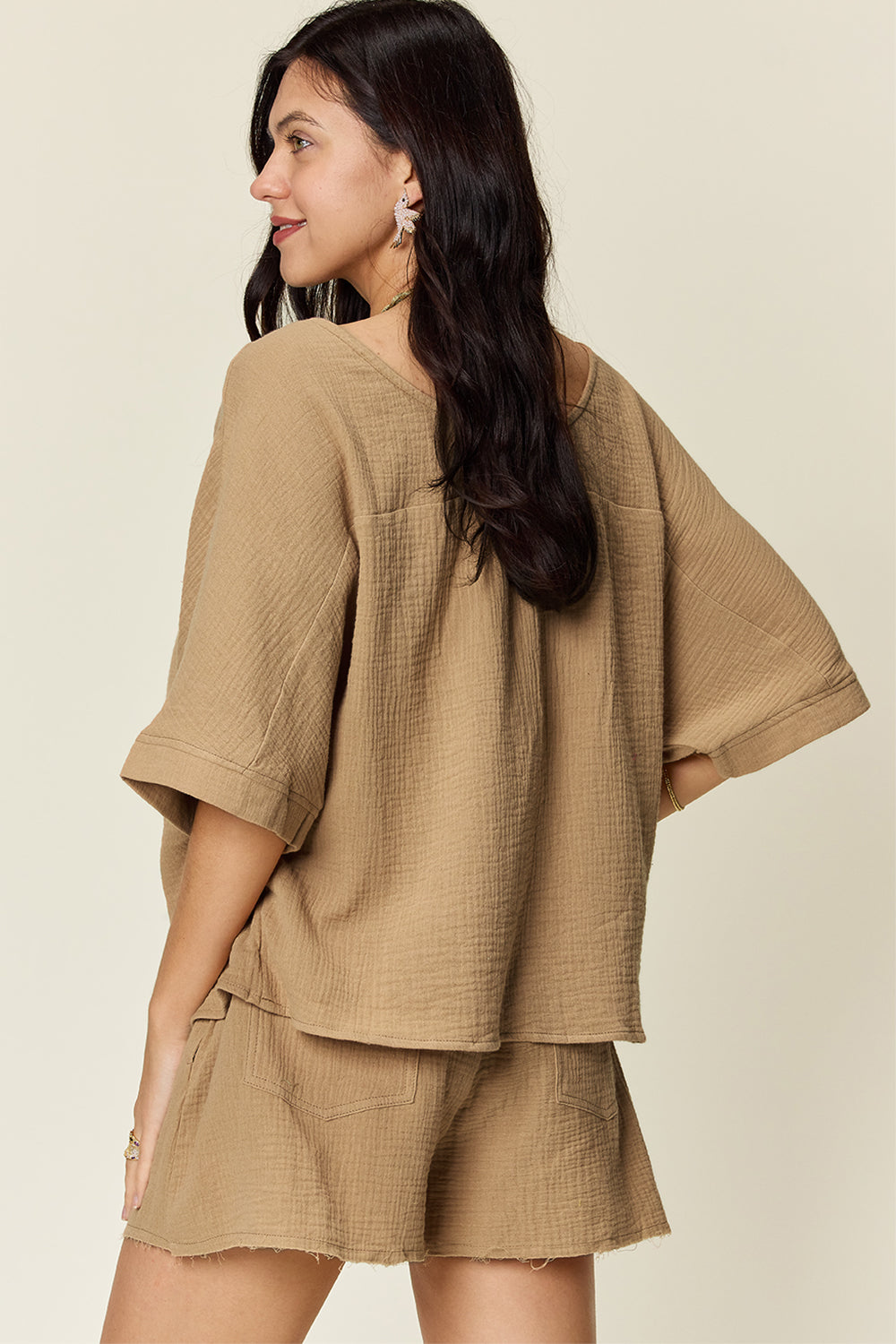 Double Take Texture Half Sleeve T-Shirt and Drawstring Shorts Set - Whateversit