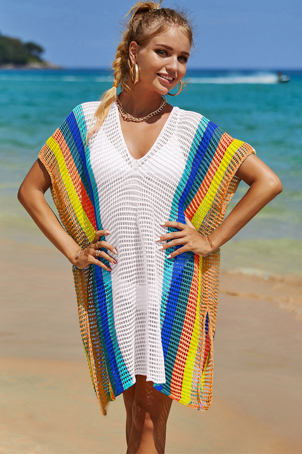 Double Take Openwork Striped Slit Knit Cover Up - Whateversit