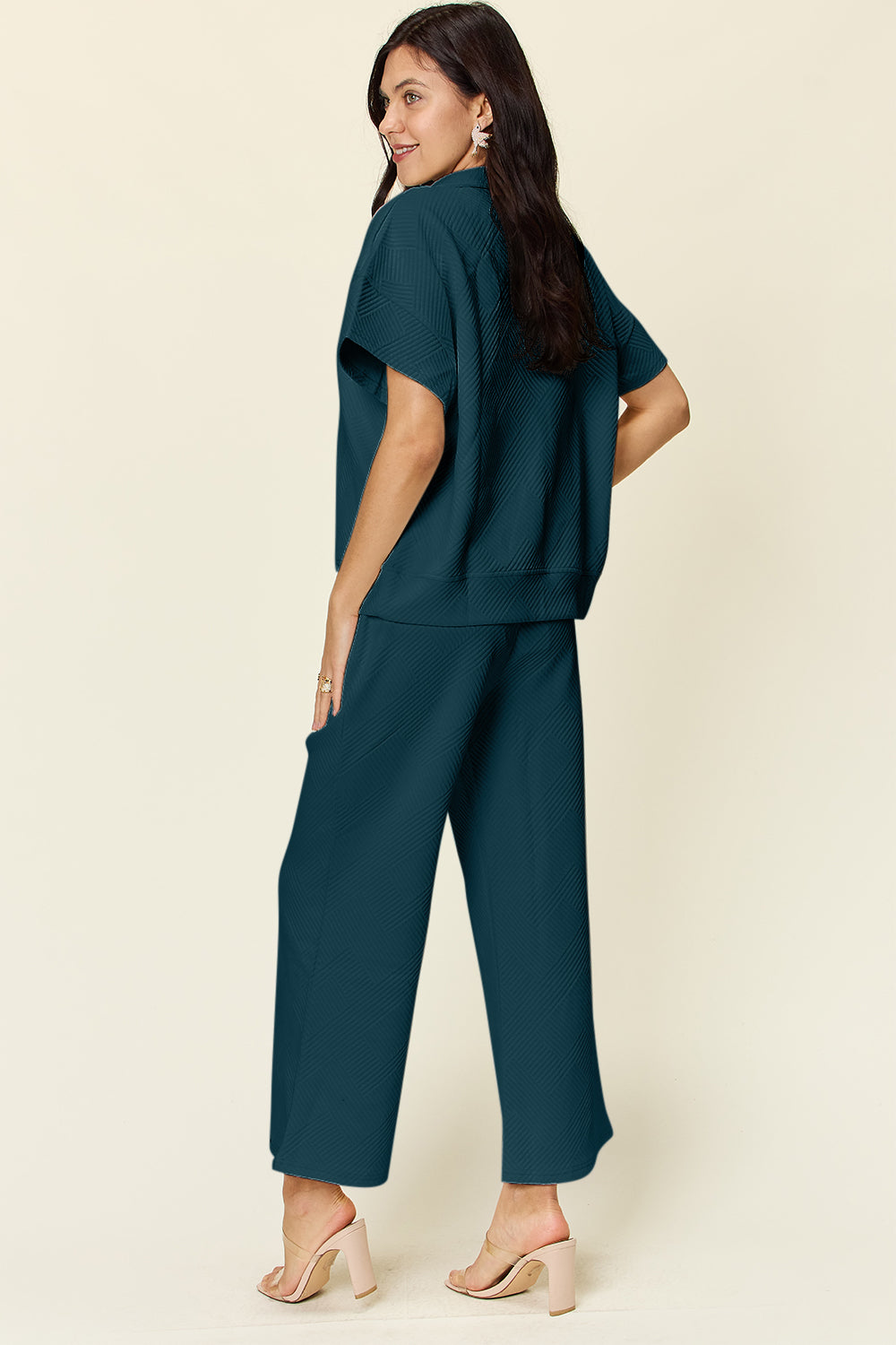 Double Take Full Size Texture Half Zip Short Sleeve Top and Pants Set - Whateversit