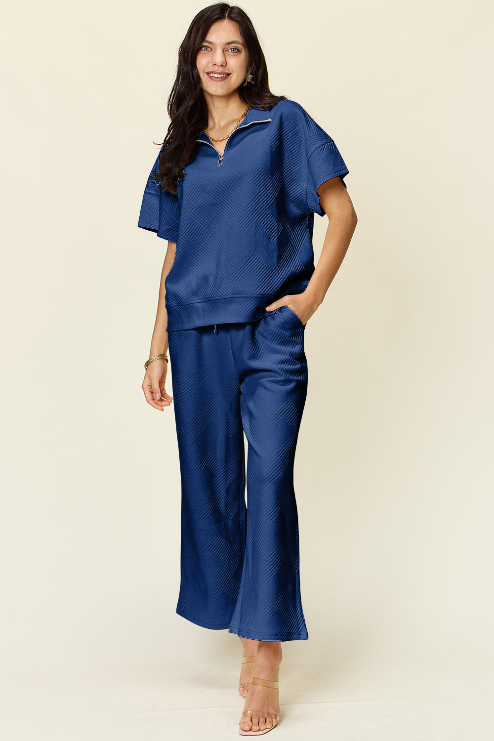 Double Take Full Size Texture Half Zip Short Sleeve Top and Pants Set - Whateversit