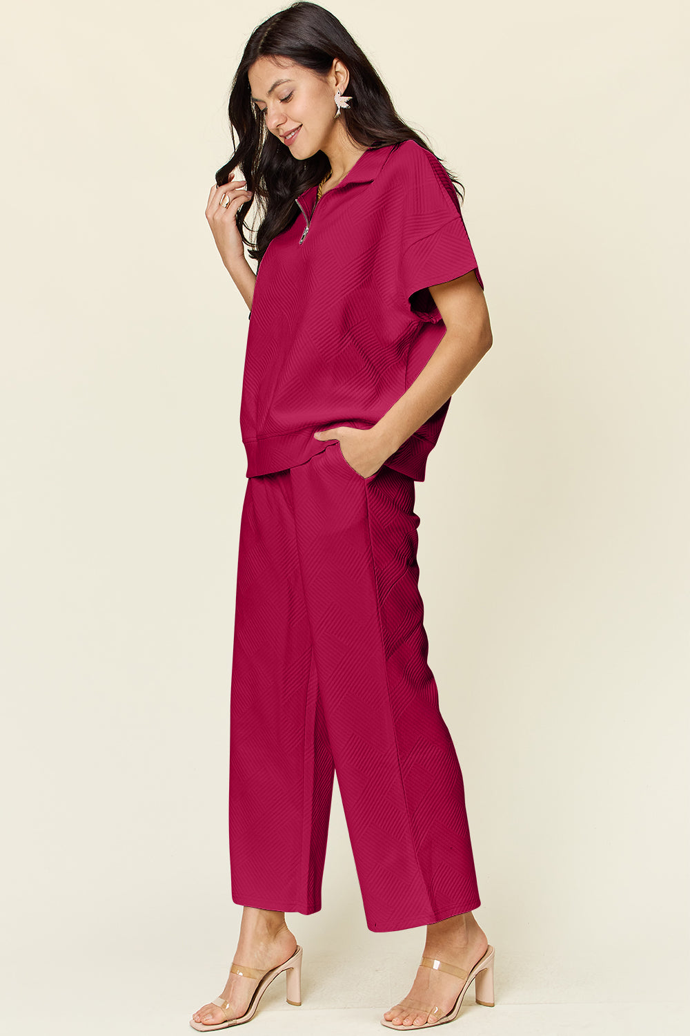 Double Take Full Size Texture Half Zip Short Sleeve Top and Pants Set - Whateversit