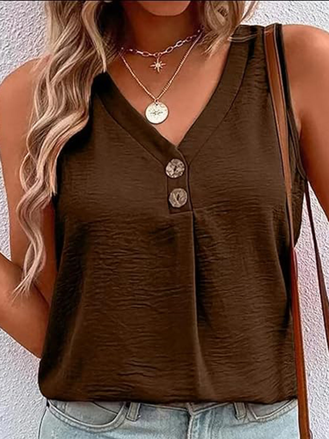 Full Size Decorative Button V-Neck Tank - Whateversit