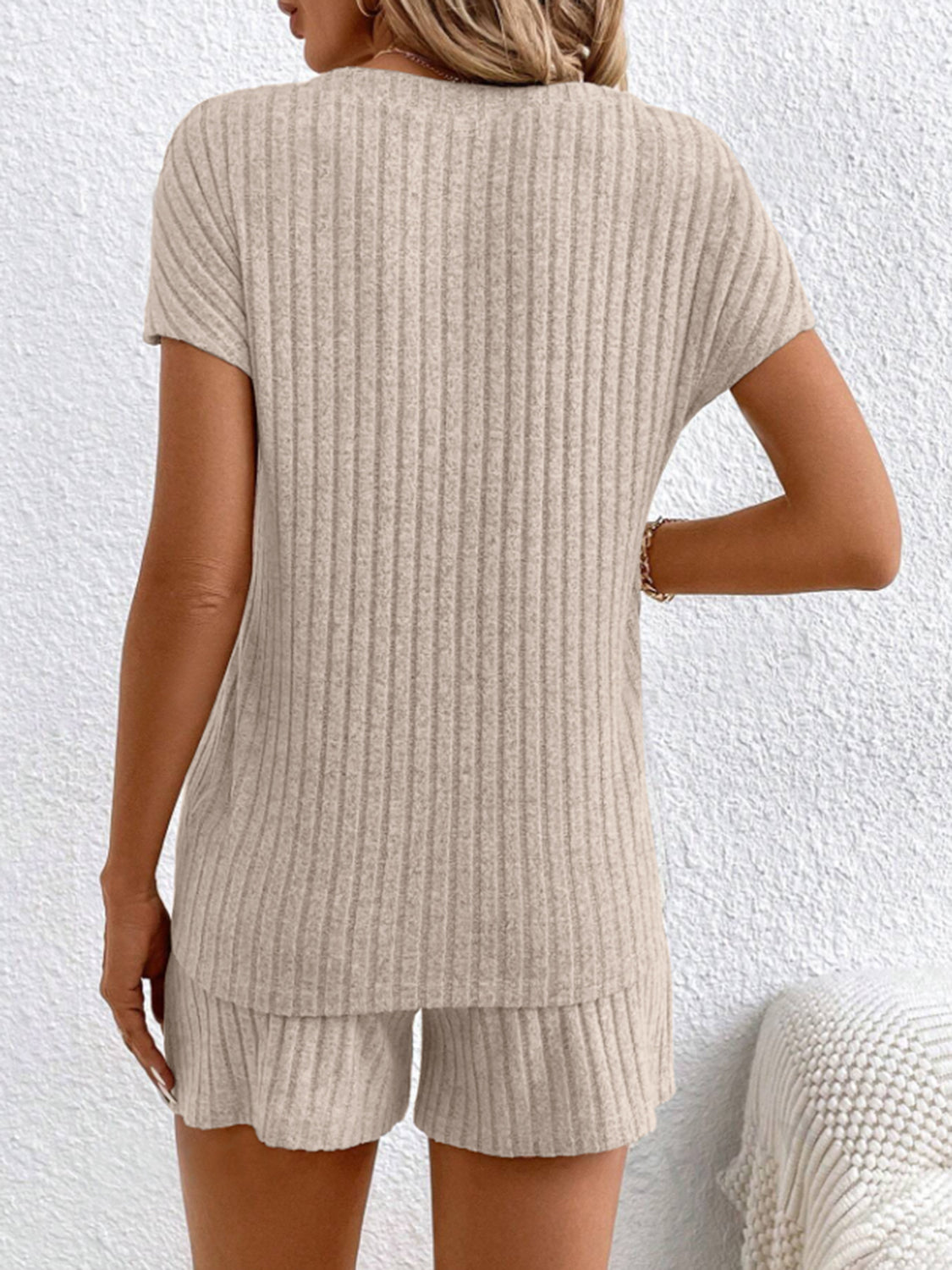 Ribbed V-Neck Top and Shorts Set - Whateversit