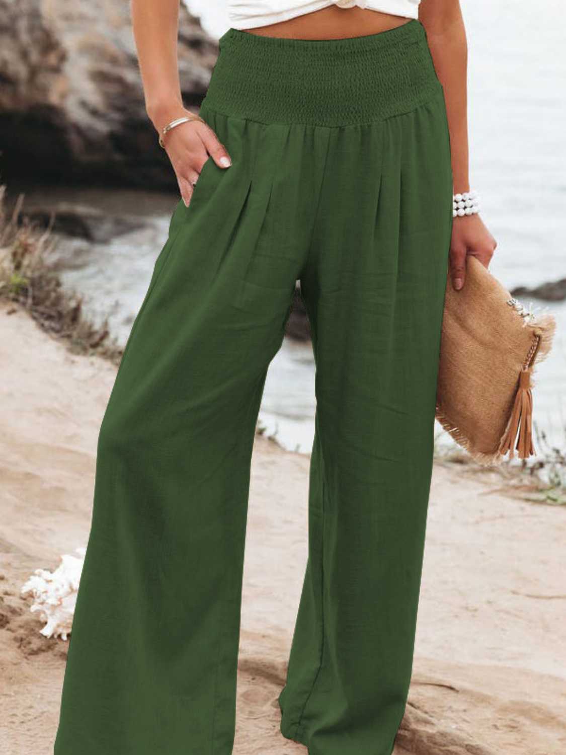 Full Size Smocked Waist Wide Leg Pants - Whateversit