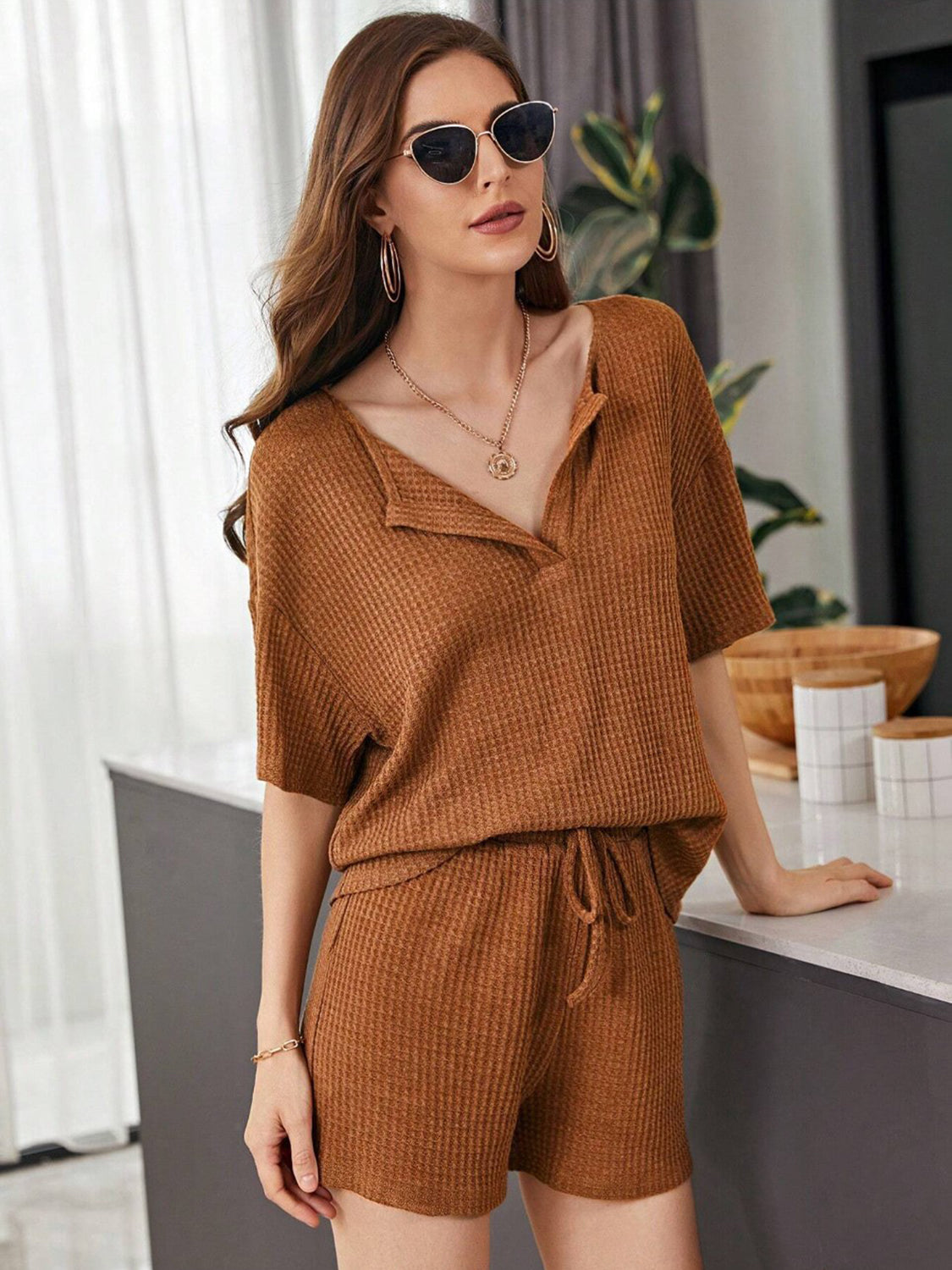 Full Size Waffle-Knit Dropped Shoulder Top and Shorts Set - Whateversit
