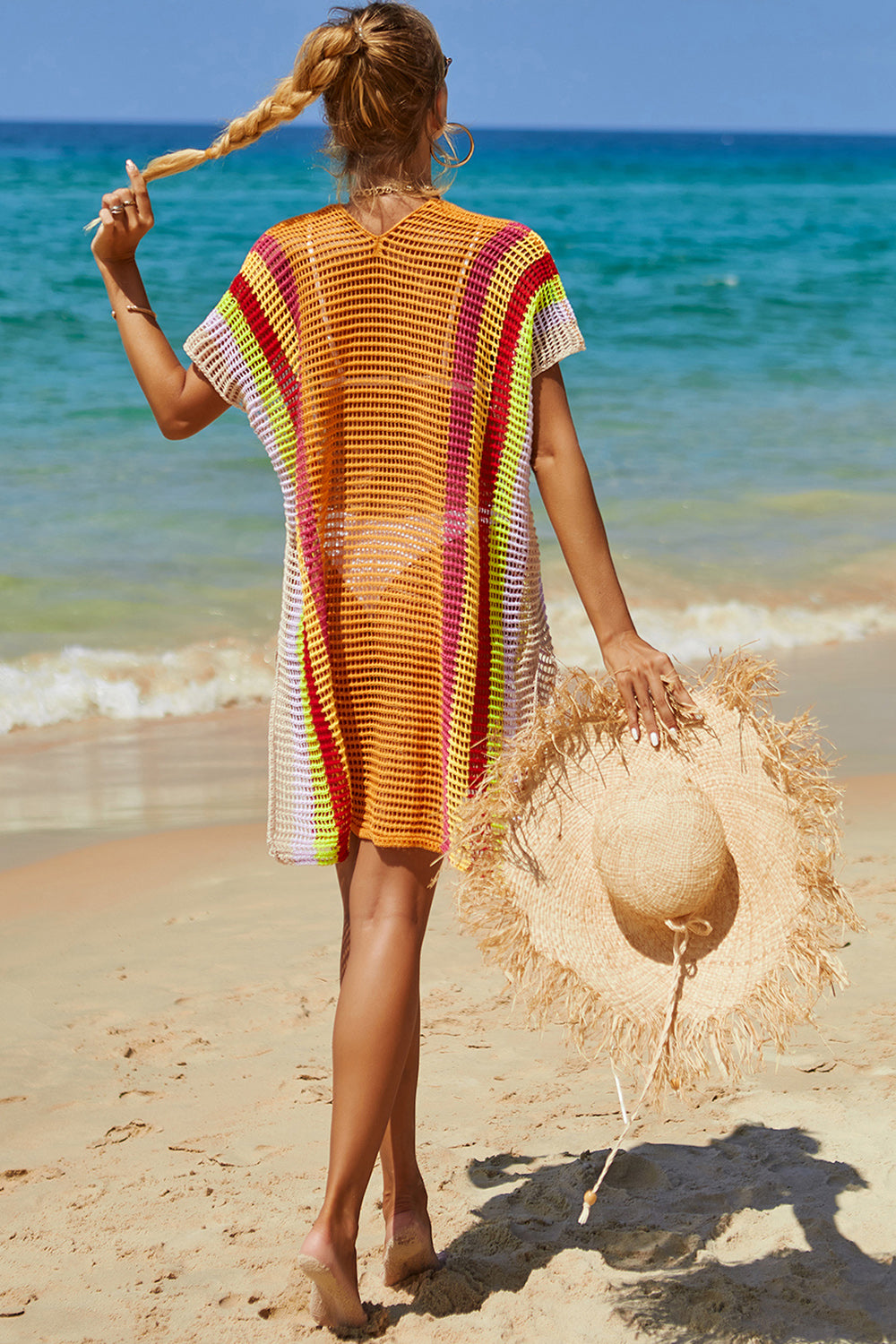 Double Take Openwork Striped Slit Knit Cover Up - Whateversit