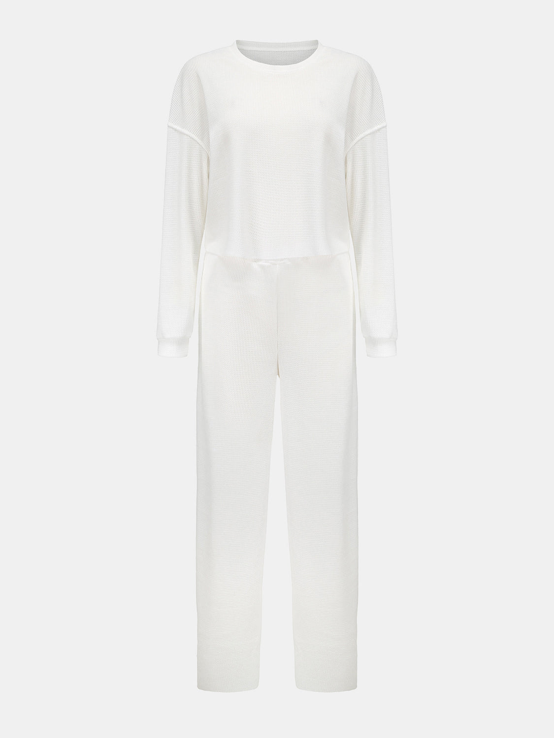 Waffle-Knit Round Neck Top and Pants Set - Whateversit