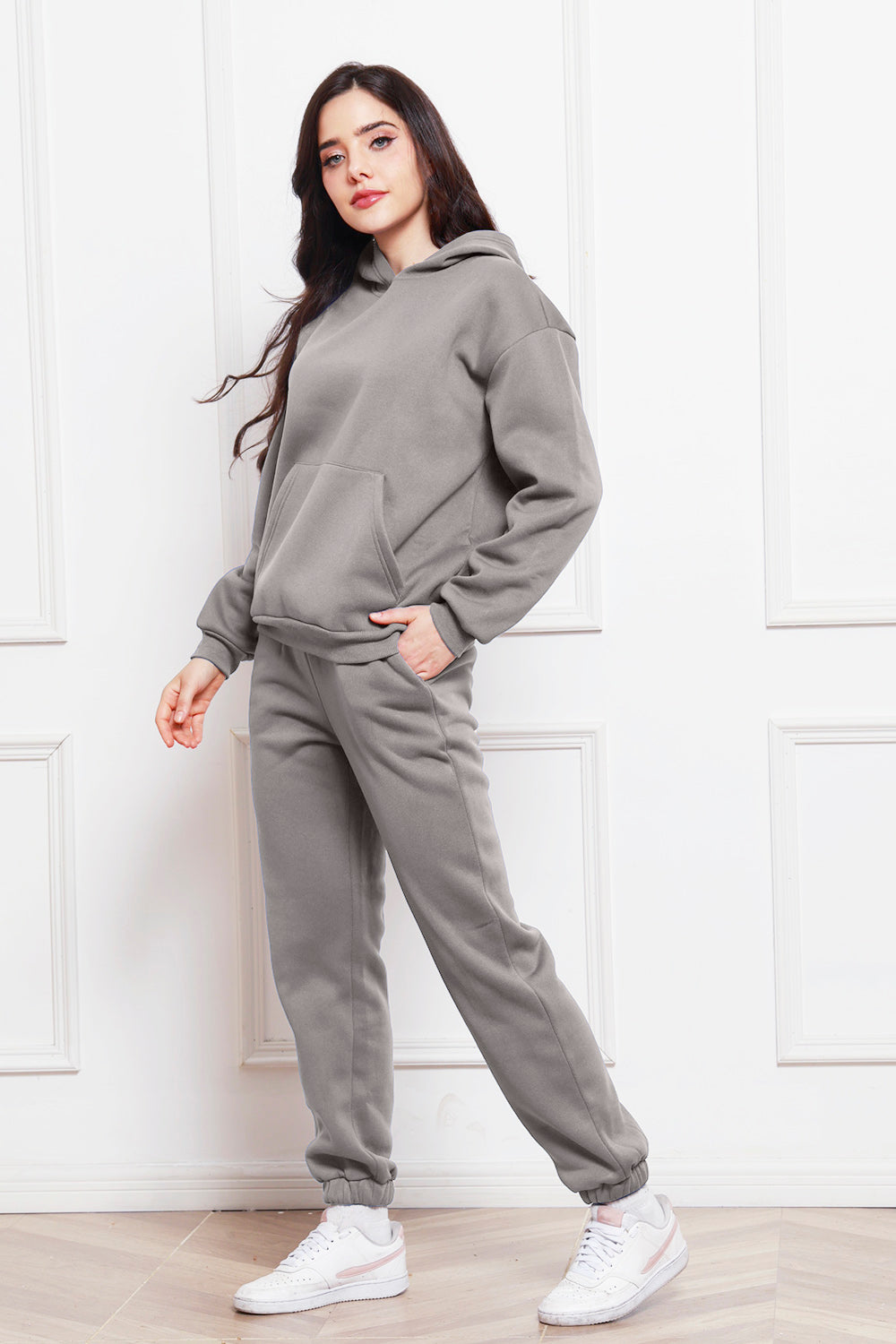 Drop Shoulder Long Sleeve Hoodie and Pants Set - Whateversit