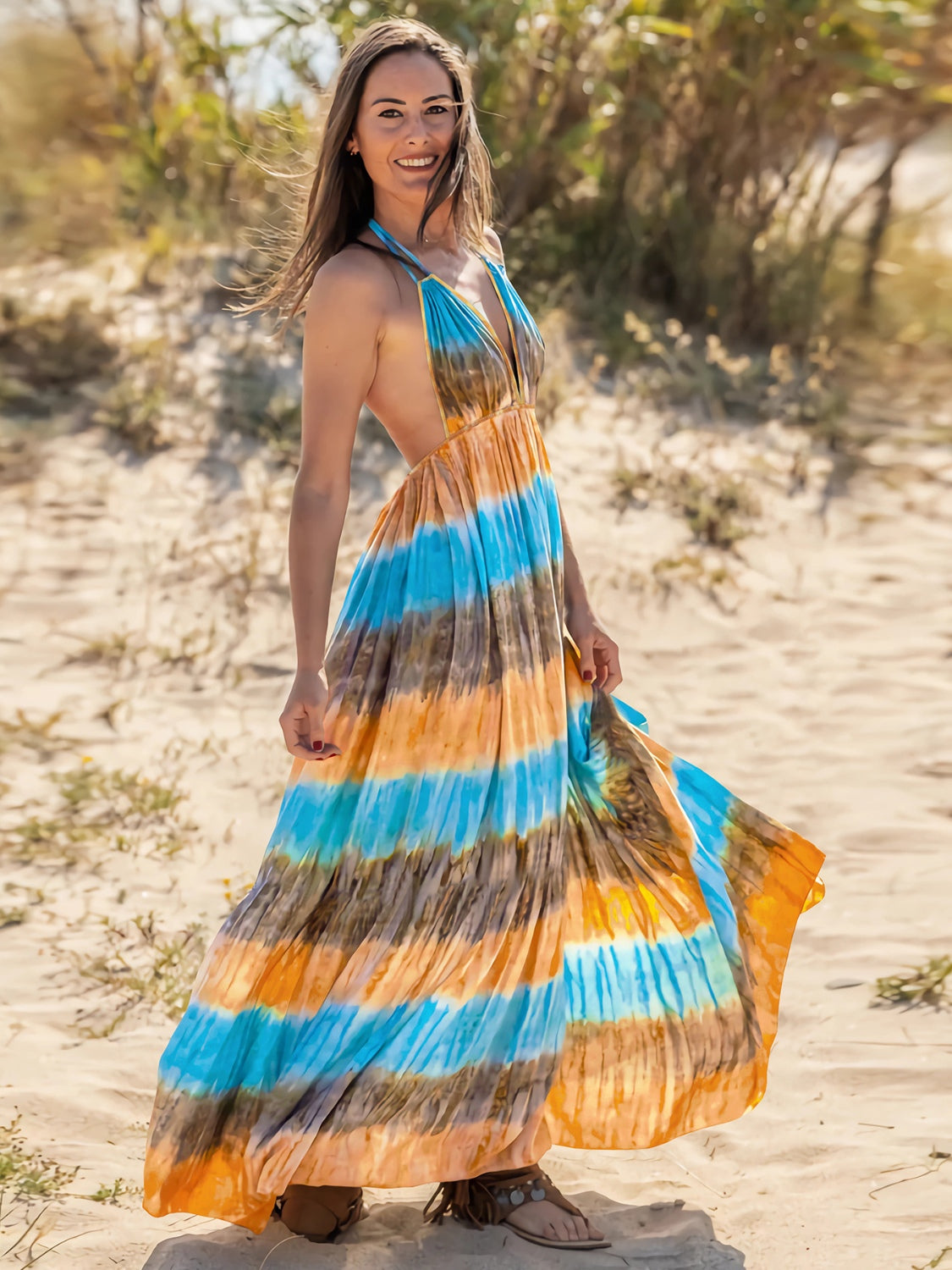 Tie-Dye Halter Neck Sleeveless Dress - Whateversit
