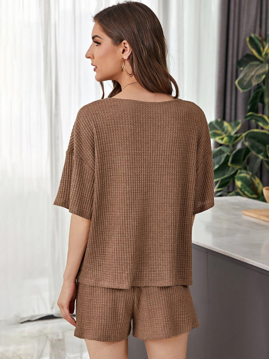 Full Size Waffle-Knit Dropped Shoulder Top and Shorts Set - Whateversit