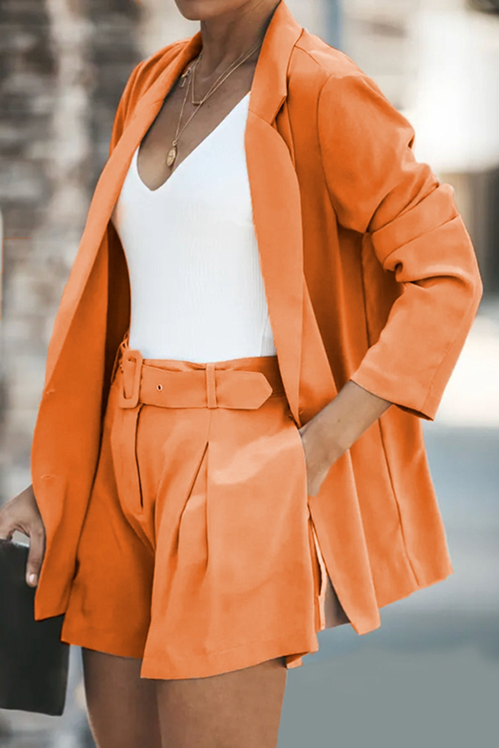 Longline Blazer and Shorts Set with Pockets - Whateversit