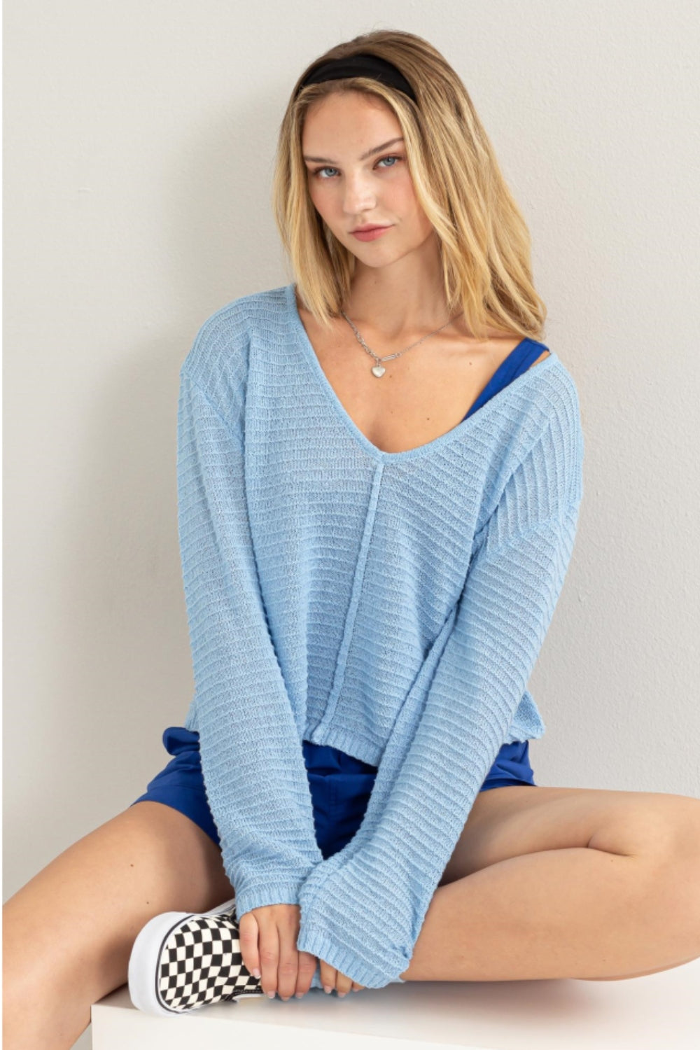 HYFVE V-Neck Stripe Texture Long Sleeve Top - Whateversit