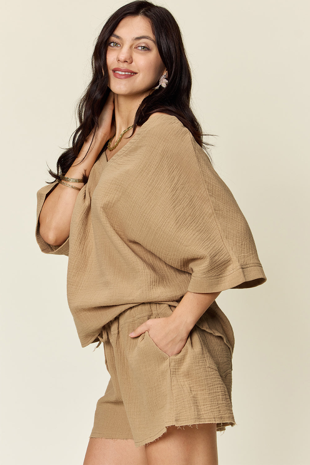 Double Take Texture Half Sleeve T-Shirt and Drawstring Shorts Set - Whateversit