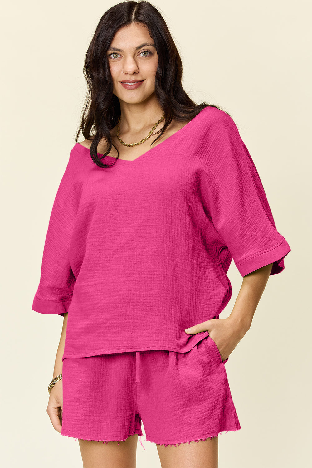Double Take Texture Half Sleeve T-Shirt and Drawstring Shorts Set - Whateversit