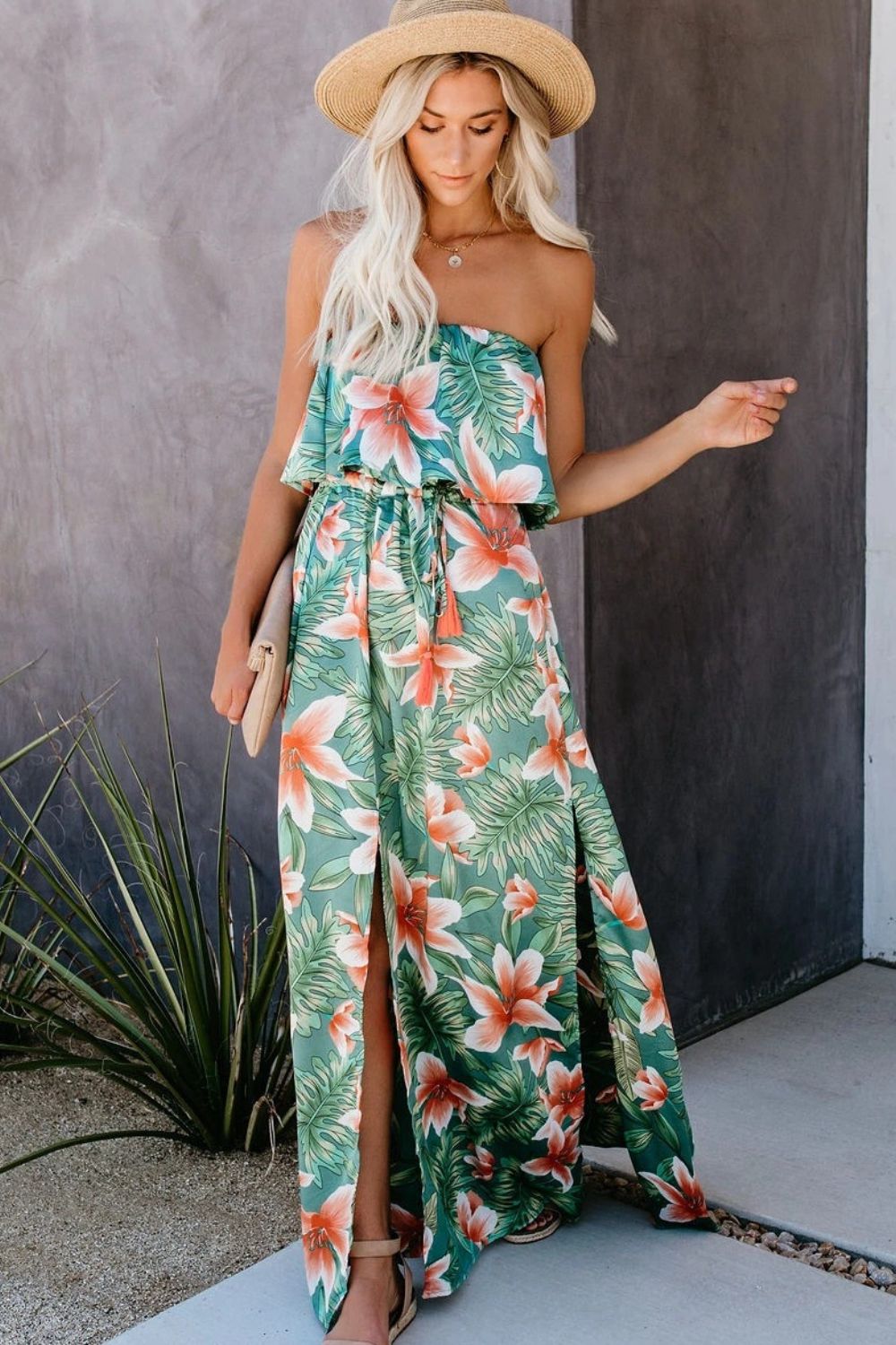 Slit Tropical Sleeveless Tube Dress - Whateversit