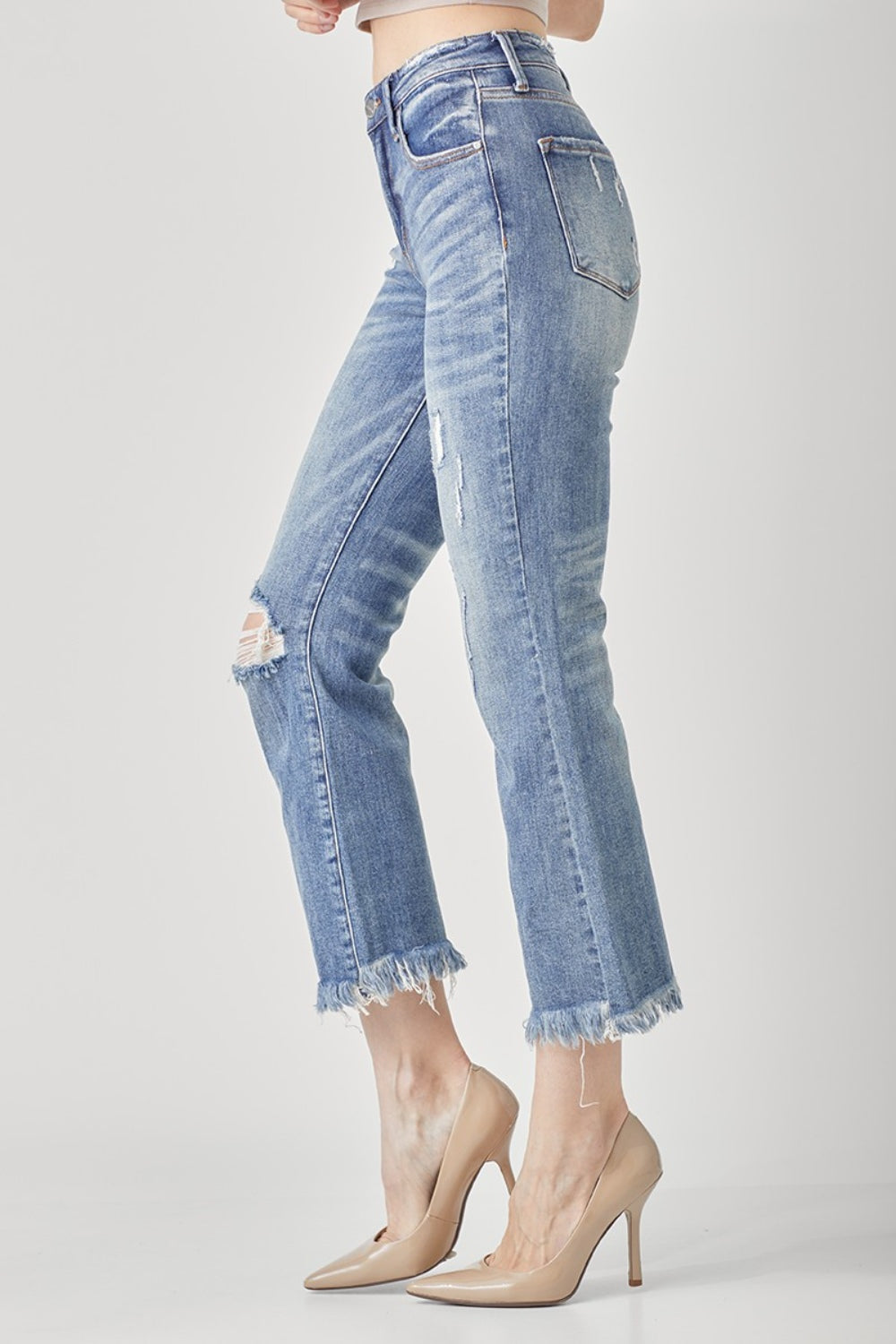 RISEN High Waist Distressed Cropped Bootcut Jeans - Whateversit