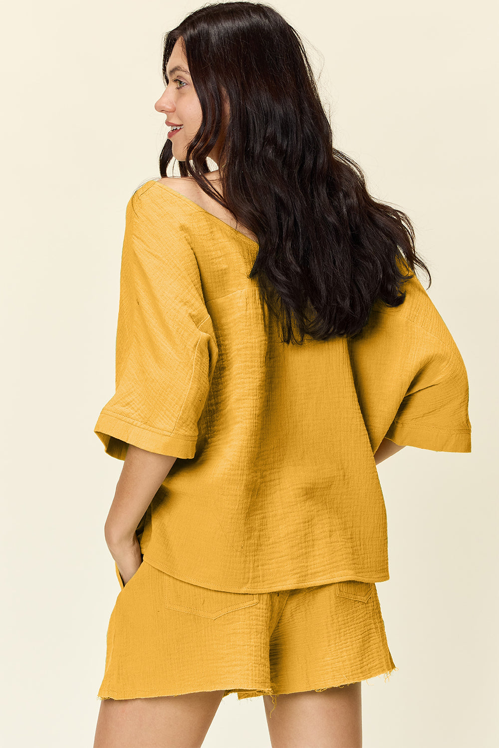 Double Take Texture Half Sleeve T-Shirt and Drawstring Shorts Set - Whateversit