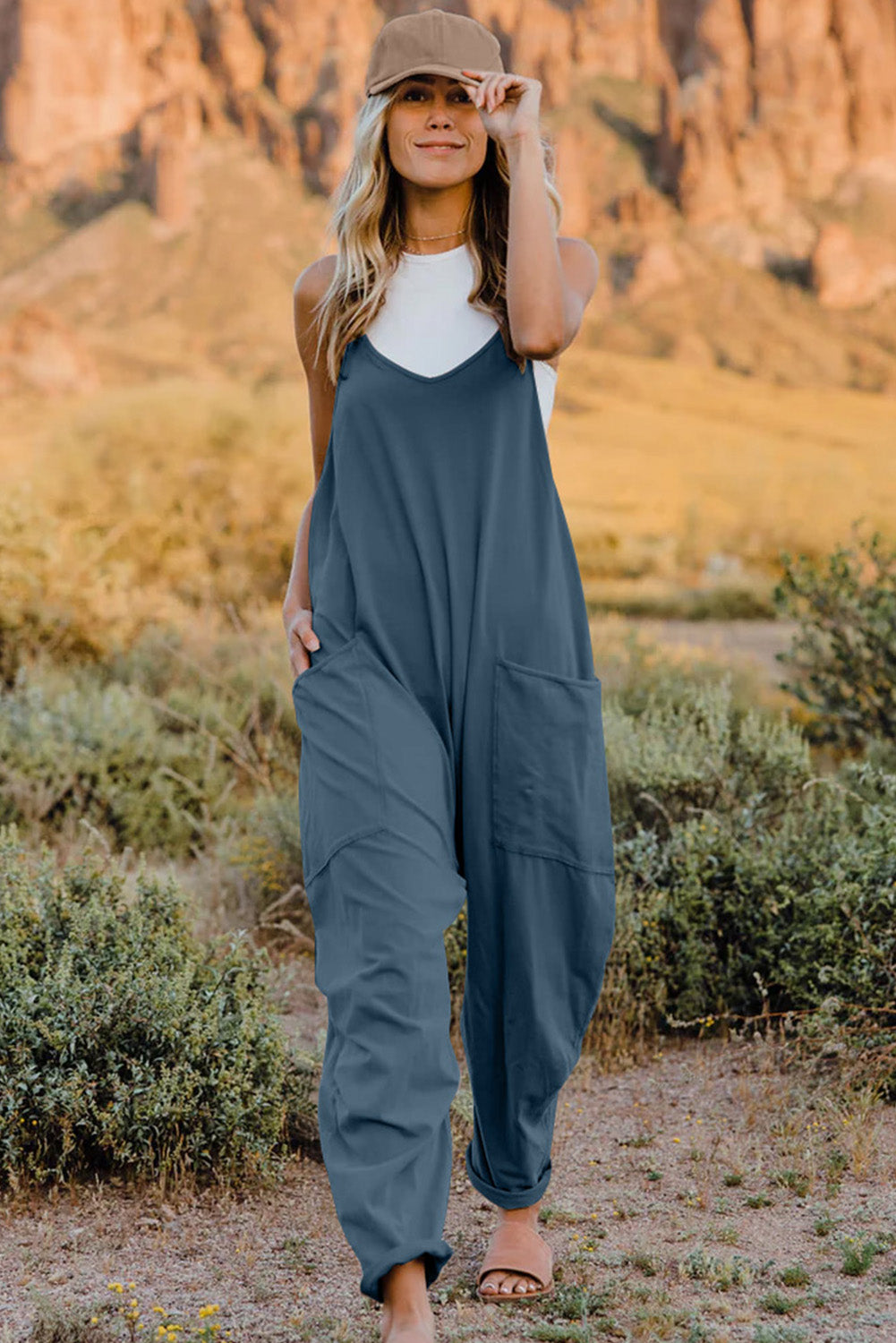 Double Take Full Size V-Neck Sleeveless Jumpsuit with Pockets - Whateversit