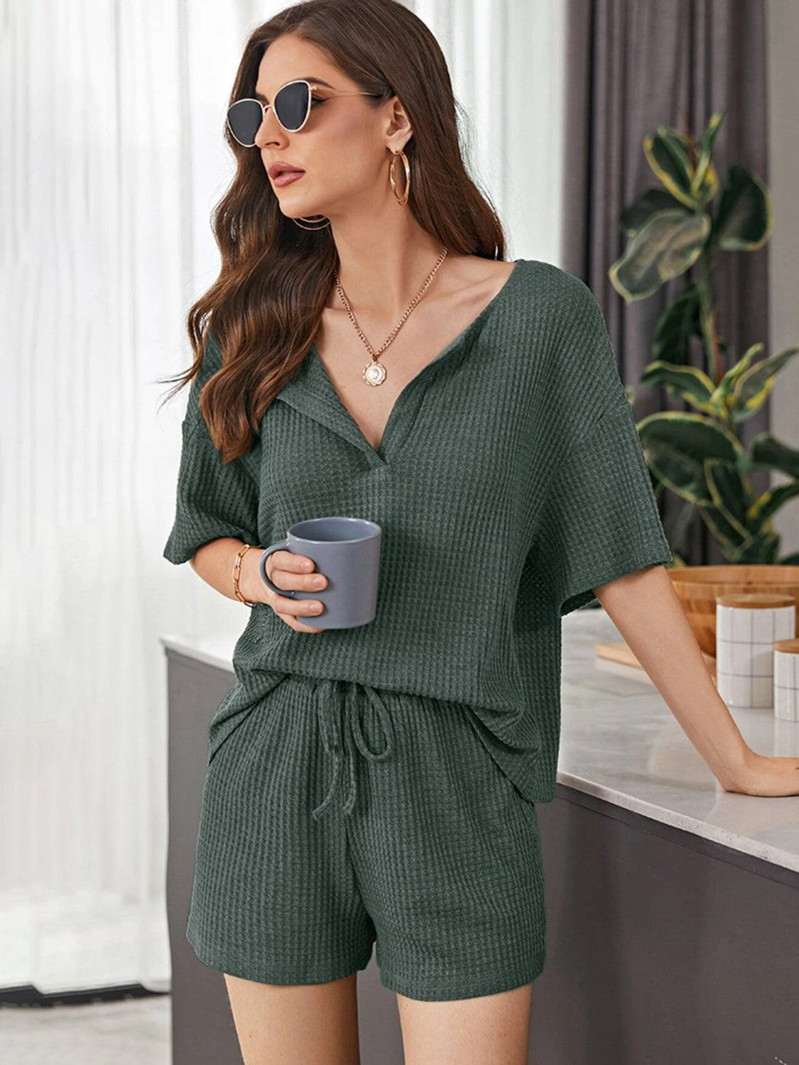 Full Size Waffle-Knit Dropped Shoulder Top and Shorts Set - Whateversit
