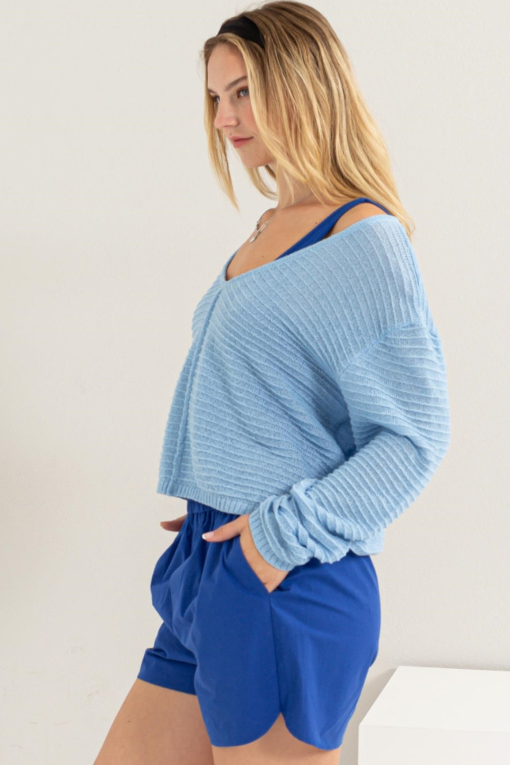 HYFVE V-Neck Stripe Texture Long Sleeve Top - Whateversit