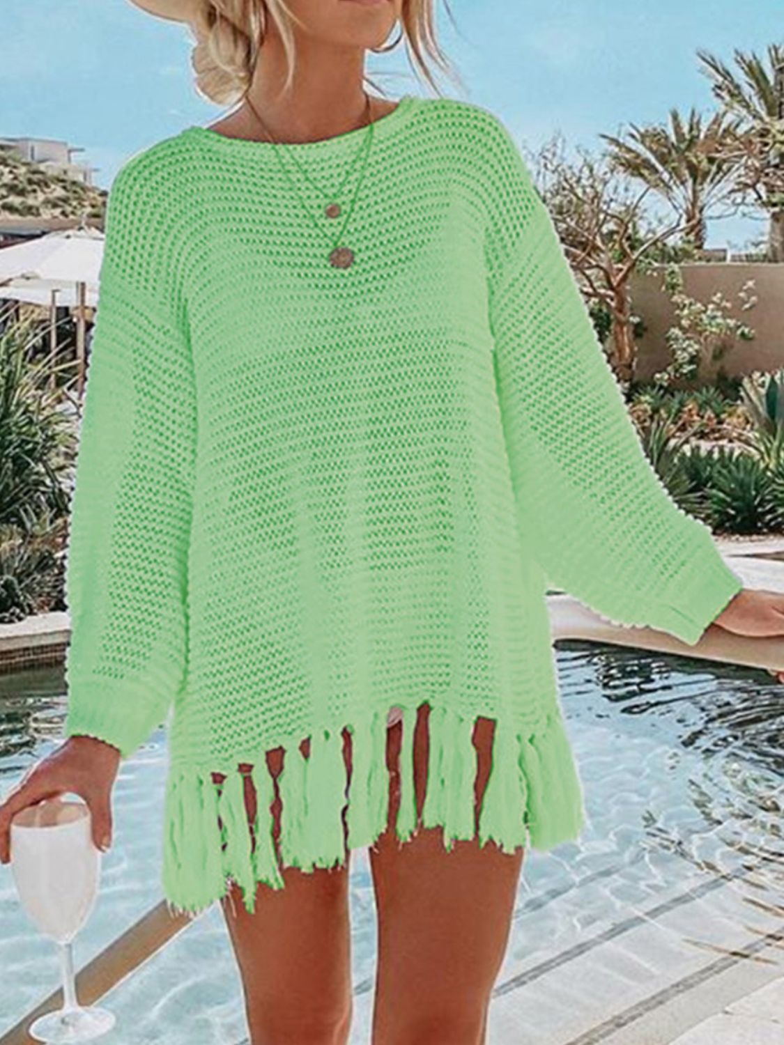 Double Take Openwork Tassel Hem Long Sleeve Knit Cover Up - Whateversit