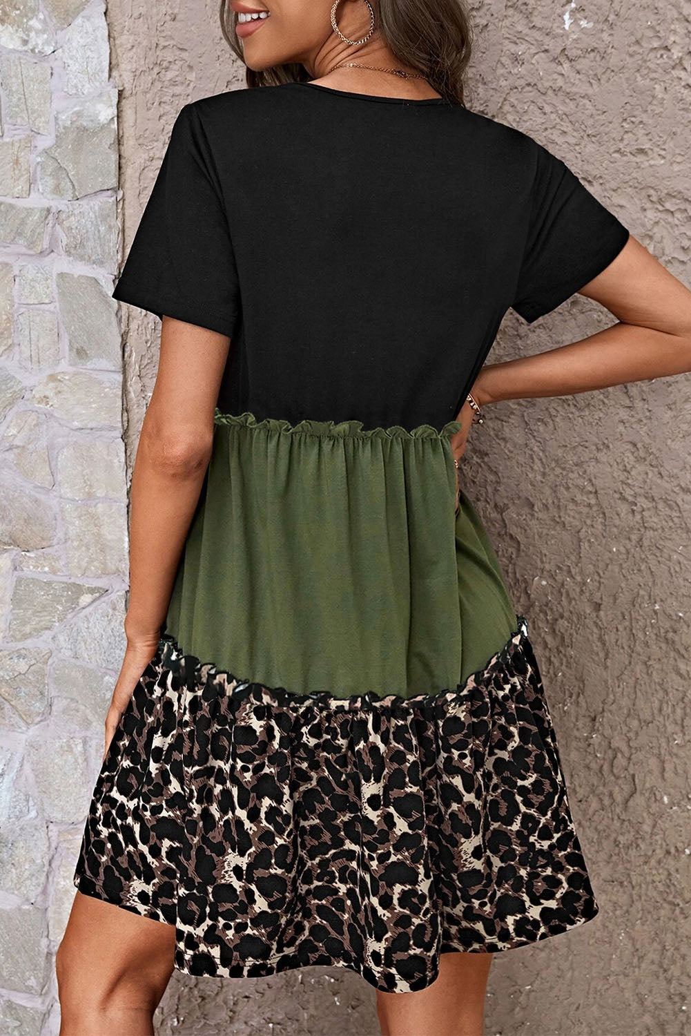Leopard Round Neck Short Sleeve Dress - Whateversit