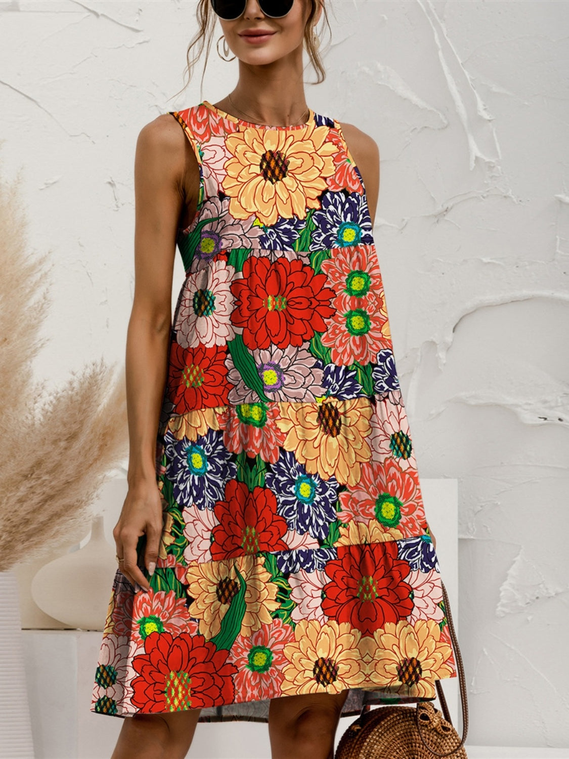 Tiered Printed Round Neck Sleeveless Dress - Whateversit